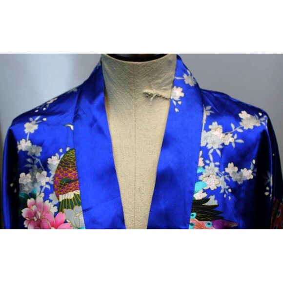 Blue Satin Japanese Kimono Style Floral Peacock Womens M Short Tie Robe - Picture 4 of 12